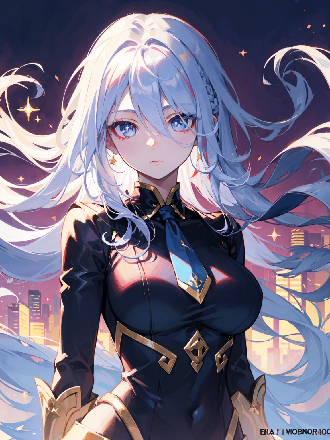 Anime girl standing on city street with long hair and blue eyes, trending in ArtStation Pixiv, purple eyes, blue tie, beautiful (detailed eyes, detailed face,) Ahegao, euladef, noble temperament, no watermark, detailed iris, sparkle eyes, star in eyes, enchanting blue eyes, (multicolored eyes), (purple hair:1.3), (floating hair:1.3), (hair between eyes), (hair over one eye:1.1), (floating hair:1.1), perfect breasts, round breasts,