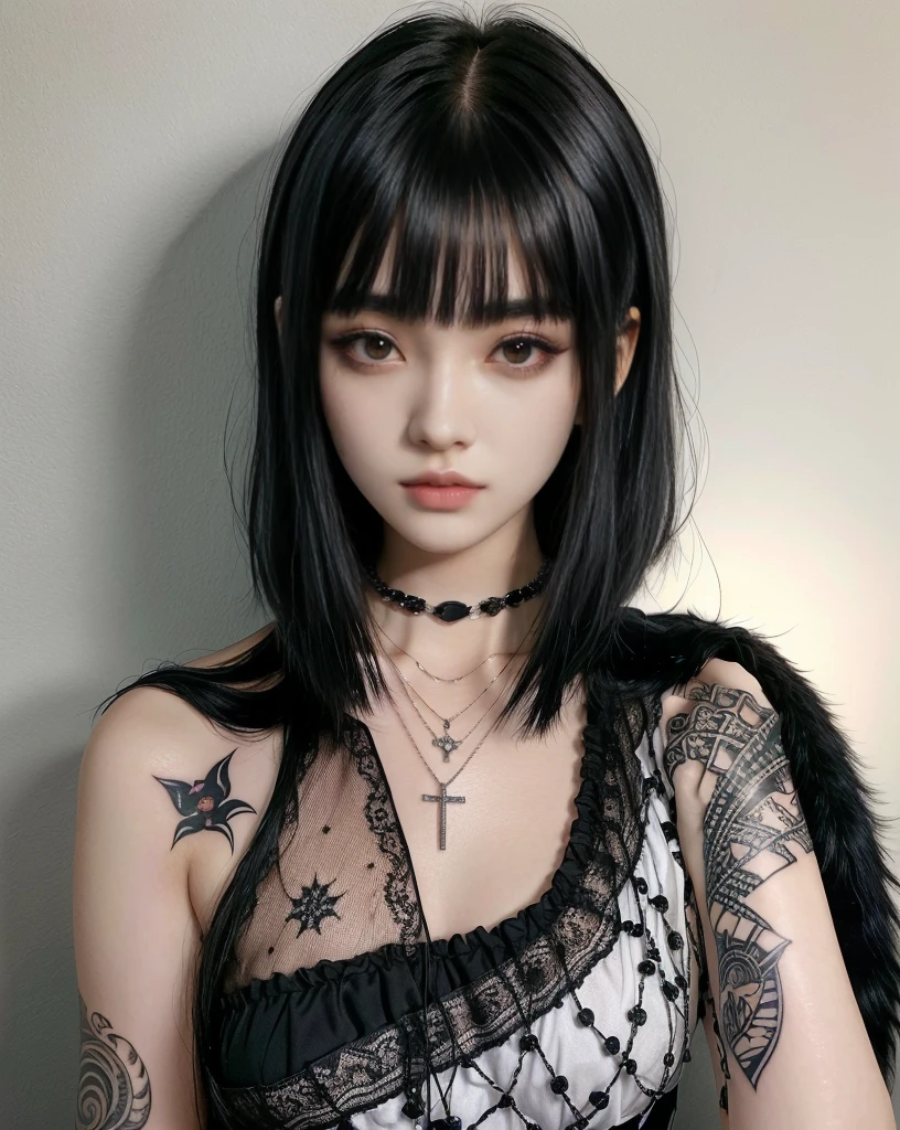 Araffe girl with a tattoo on her arm and a necklace, cruel korean gothic girl, 1 7 - year - old anime gothic girl, 1 7 - year - old gothic girl, black hime cropped fur, She has black hair with bangs, pale gothic beauty, gothic girl, anime girl in real life, gothic girl aesthetic, anime emo girl, short hair. small eyes