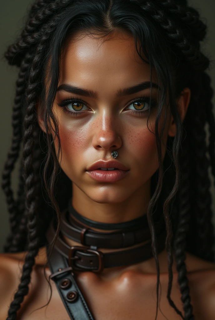 english woman, young, naked, dreadlocks, septum piercing, dimples, thick belt around neck, naughty expression, light brown shiny latex bodysuit, close-up, UHD, retina, masterpiece, accurate, anatomically correct, textured skin, super detail, high details, high quality, award winning, best quality, highres