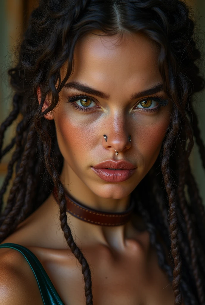 english woman, young, naked, dreadlocks, septum piercing, dimples, thick belt around neck, naughty expression, light brown shiny latex bodysuit, close-up, UHD, retina, masterpiece, accurate, anatomically correct, textured skin, super detail, high details, high quality, award winning, best quality, highres