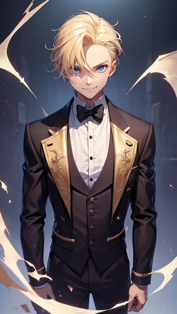 One boy, a vampire, blonde hair, Blue eyes, Gloating Smile, stands tall, solid background behind