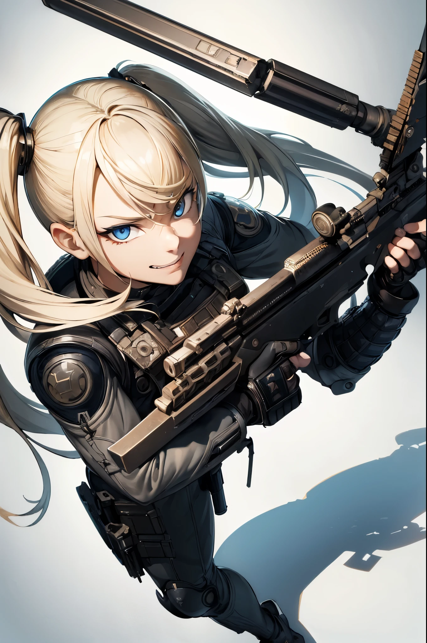 ((Highest quality)), ((masterpiece)), (detailed),(whole body)、Very cute face、Perfect Face,blonde,blue eyes,Fair skin,Armament,Gunfight,army,From above,Wicked Smile、Black Hair、Twin tails、Hold a sniper rifle、Angry expression