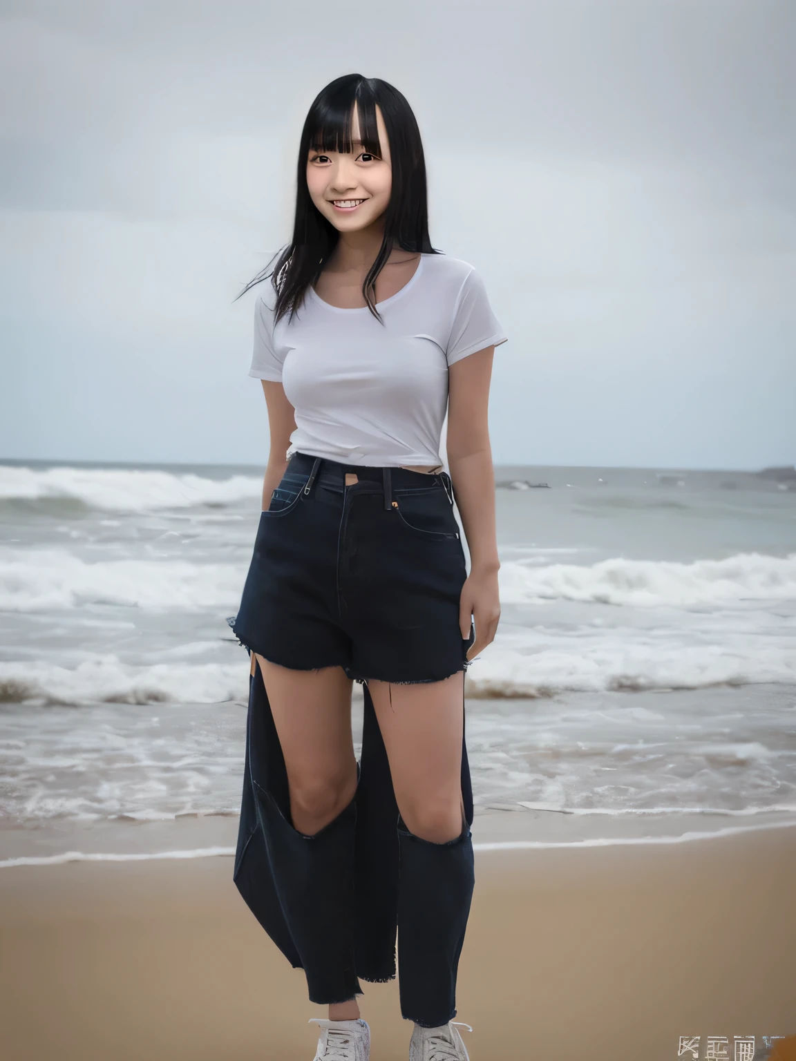 Highest quality,Super detailed,A woman looking at the camera on the beach at Enoshima,Wearing a white T-shirt,Long black denim shorts,Posing for a photo,Distant scenery is blurry