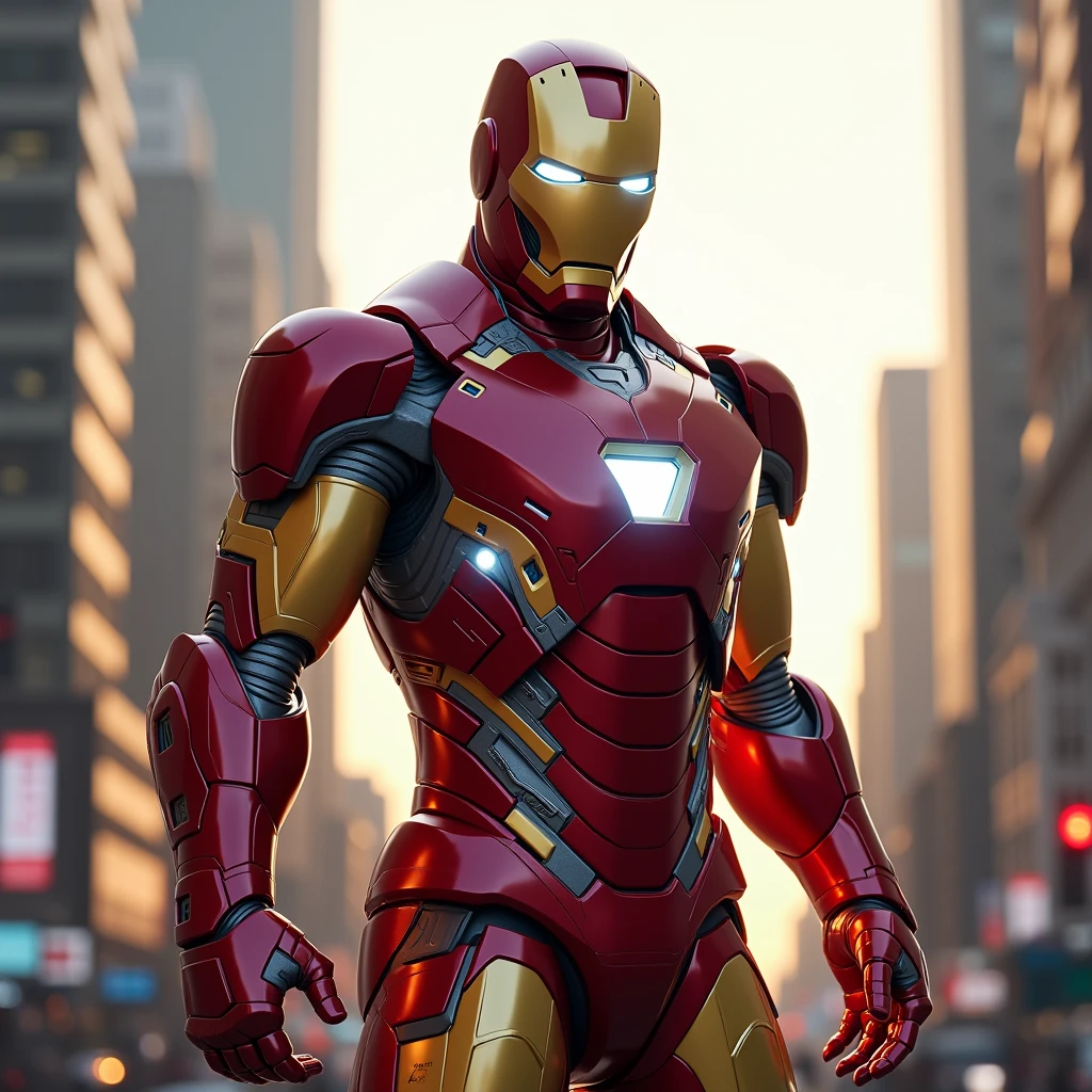Photo of Marvel Iron Man wearing high tech red and gold armour, standing outside in the city ， The eye emits a laser，Sateen， RTX， octanerender， unreality。k hd