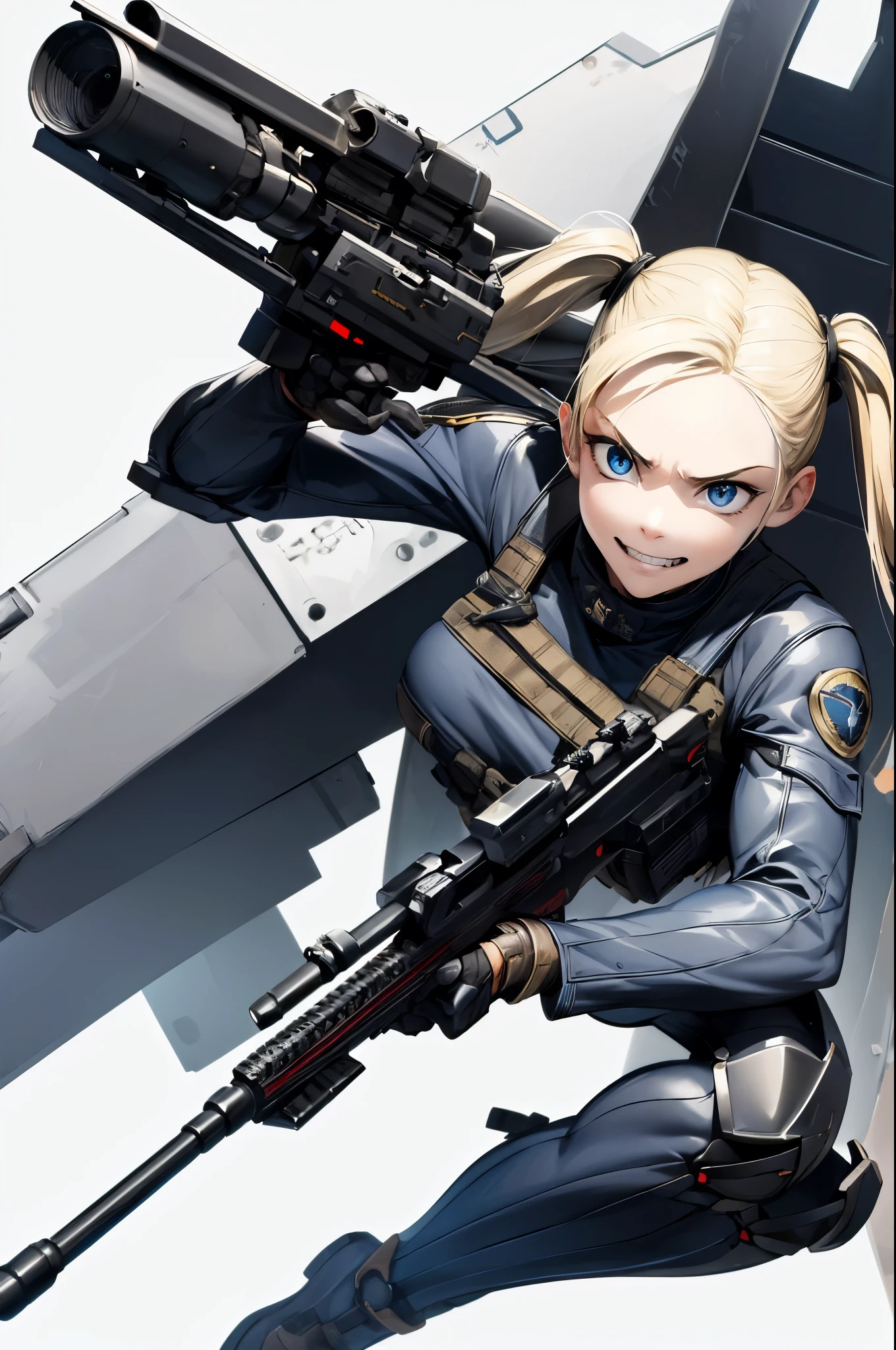((Highest quality)), ((masterpiece)), (detailed),(whole body)、Very cute face、Perfect Face,blonde,blue eyes,Fair skin,Armament,Gunfight,army,From above,Wicked Smile、Black Hair、Twin tails、Hold a sniper rifle、Angry expression