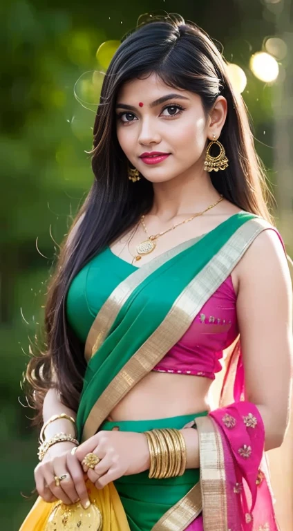 wear green designer printed Saree and blouse, a bindi on the center of the forehead, green saree and green blouse, extra big chest, 36D, full body covered in clothes, Indian temples in background, flower basket, very well dressed, going to temple for prayers, golden heavy jewellery, very beautiful 25 year old indian girl, full body photo, mehendi in hands, random hair style, holding Puja plate with Puja items for lord Shiva, lord Shiva temple in background, jewelry, gem, necklace, necklace set, tika, vermilion, nathiya, ear rings, mangalsutra, golden haar, gold bracelet, anklets, thick lips, holding flower basket for Puja in hand, skindentation, parted lips, full body photo from front, beautiful face, beautiful body, (detailed eyes), ulzzang-6500-v1.1, thick eyelashes, long eyelashes, random hair style, broad light, backlighting, bloom, light sparkles, chromatic aberration, sharp focus, Nikon Z 85mm, unparalleled masterpiece, ultra-realistic 8k photos, best quality masterpiece, best quality,