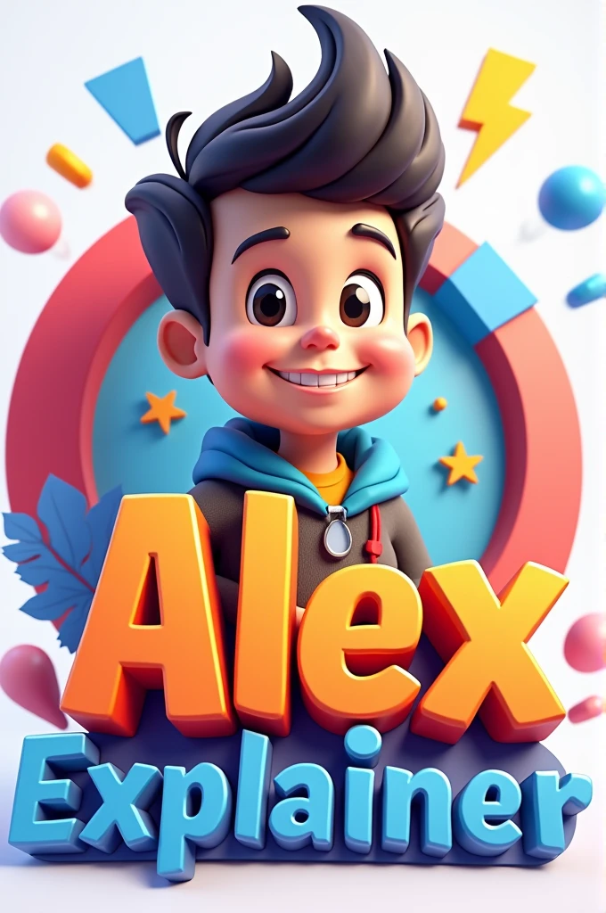 make logo with cool happy boy image 3d text alex explainer in front of him