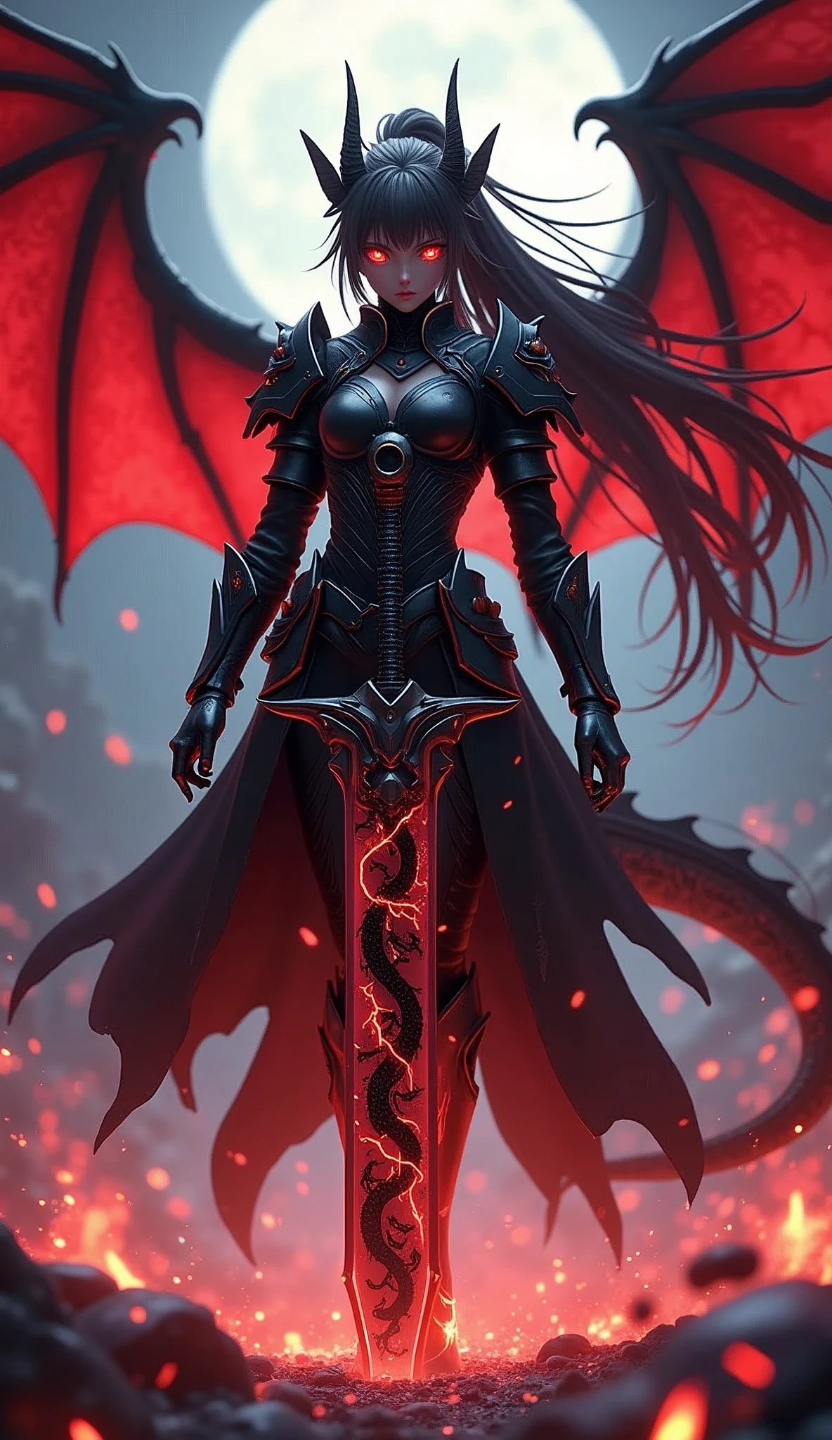 Anime Girl,Pitch-black armor,Mecha dragon helmet,Mecha Dragon Tail,A two-handed giant sword with a dragon carving is stuck in the ground in front of you,He holds a huge two-handed sword with a dragon carved on it.,whole body,Panoramic lens,The folded devil wings wrap around his body,The body is surrounded by red lightning and flames,Glowing eyes,Unbelievably long hair,High Ponytail,(Two-handed greatsword blade focus:1.5),From below,Extreme focus angle,from the side,Looking at the audience,Motion Blur,Background blur,