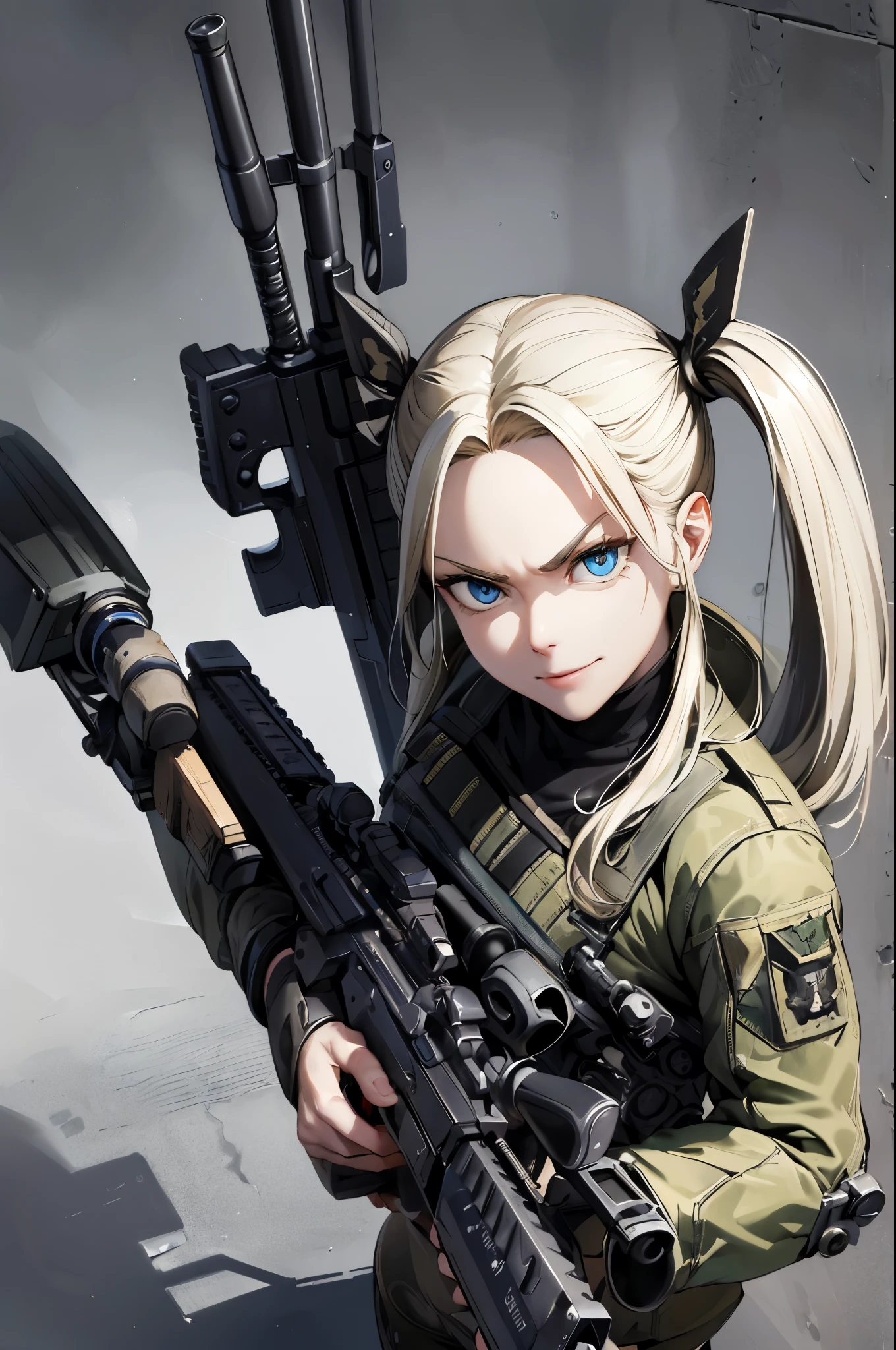 ((Highest quality)), ((masterpiece)), (detailed),(whole body)、Very cute face、Perfect Face,blonde,blue eyes,Fair skin,Armament,Gunfight,army,From above,Wicked Smile、Black Hair、Twin tails、Hold a sniper rifle、Angry expression