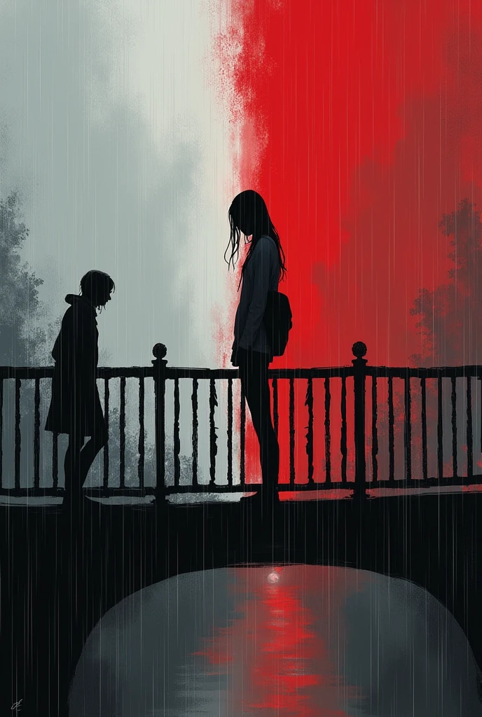 I guess it was a rainy day, I was crying, I was shaking, I was hesitating, i was standing on the Bridge ledge trying to jump off the bridge that's when I meet him. He was crossing the bridge.
Add red and white colour
Girl is the one who is jumping