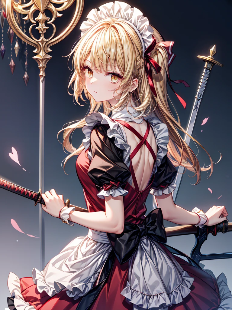 1girl,{{{{yumeko (Touhou)}}}}, yellow eyes, blonde hair, long hair, red dress, maid, maid apron, maid headdress, black ribbon, puffy short sleeves, back bow, sword, holding sword, dual wielding((Long Hair)),((Dream World)),((masterpiece))