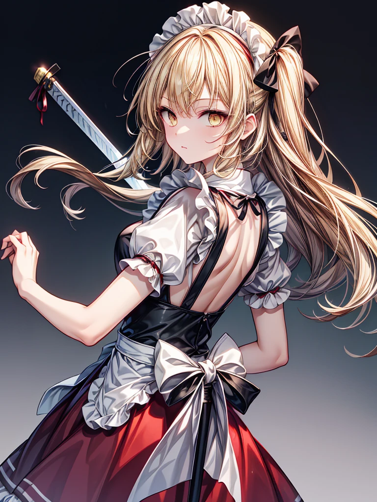 1girl,{{{{yumeko (Touhou)}}}}, yellow eyes, blonde hair, long hair, red dress, maid, maid apron, maid headdress, black ribbon, puffy short sleeves, back bow, sword, holding sword, dual wielding((Long Hair)),((Dream World)),((masterpiece))