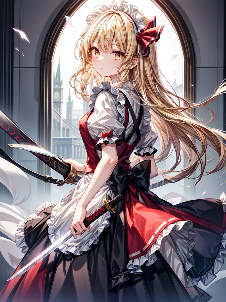 1girl,{{{{yumeko (Touhou)}}}}, yellow eyes, blonde hair, long hair, red dress, maid, maid apron, maid headdress, black ribbon, puffy short sleeves, back bow, sword, holding sword, dual wielding((Long Hair)),((Dream World)),((masterpiece))