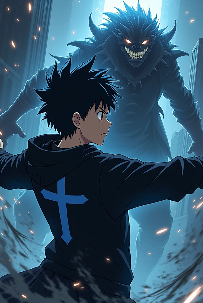 A anime boy with black hoodie and a light blue cross on his chest fights agains Akaza from demon slayer