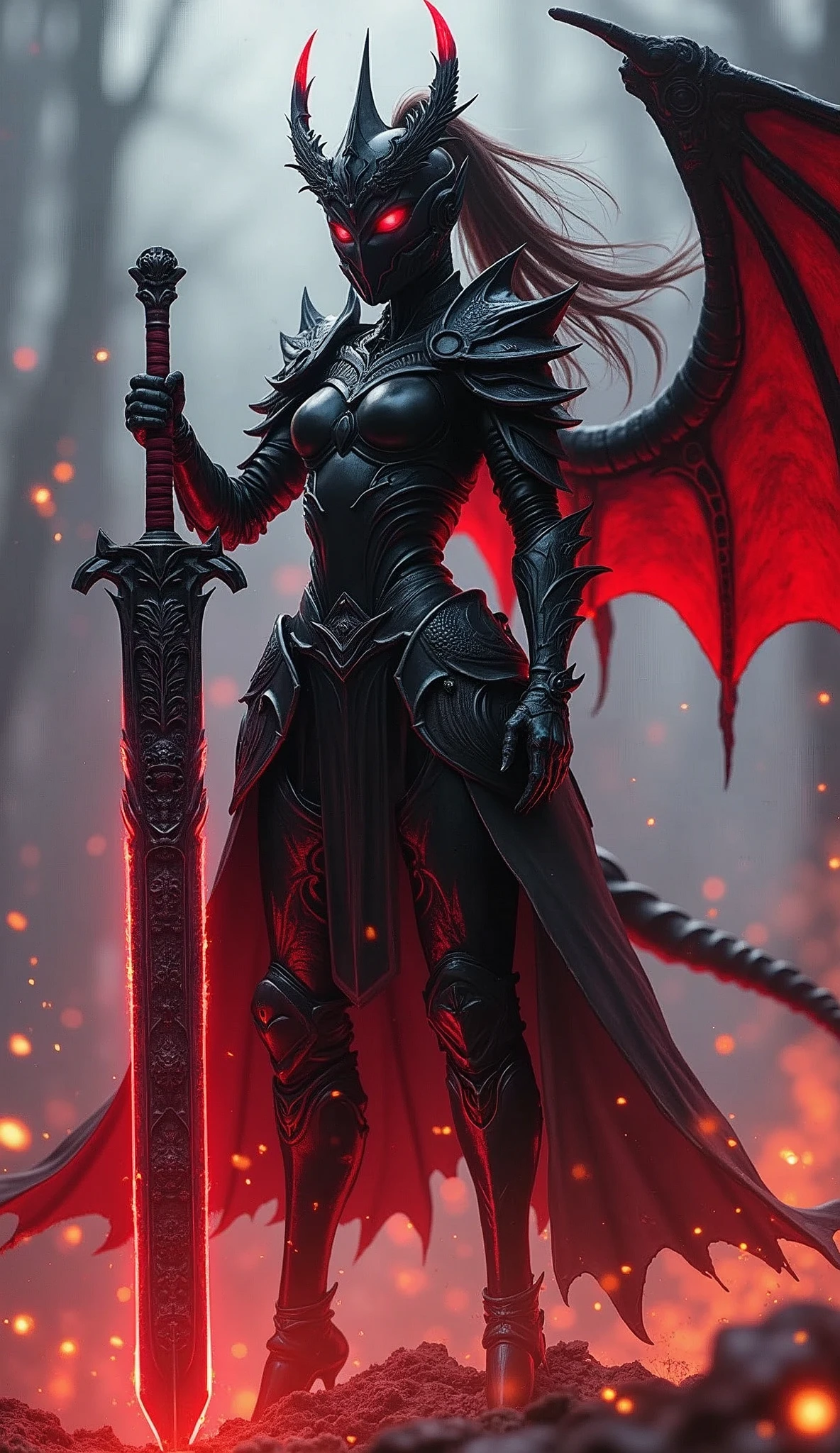 Anime Girl，Pitch-black armor，Mecha dragon helmet，Mecha Dragon Tail，A two-handed giant sword with a dragon carving is stuck in the ground in front of you，He holds a huge two-handed sword with a dragon carved on it.，whole body，Panoramic lens，The folded devil wings wrap around his body，The body is surrounded by red lightning and flames，Glowing eyes，Unbelievably long hair，High Ponytail，(Two-handed greatsword blade focus：1.5)，From below，Extreme focus angle，from the side，Looking at the audience，Motion Blur，Background blur，