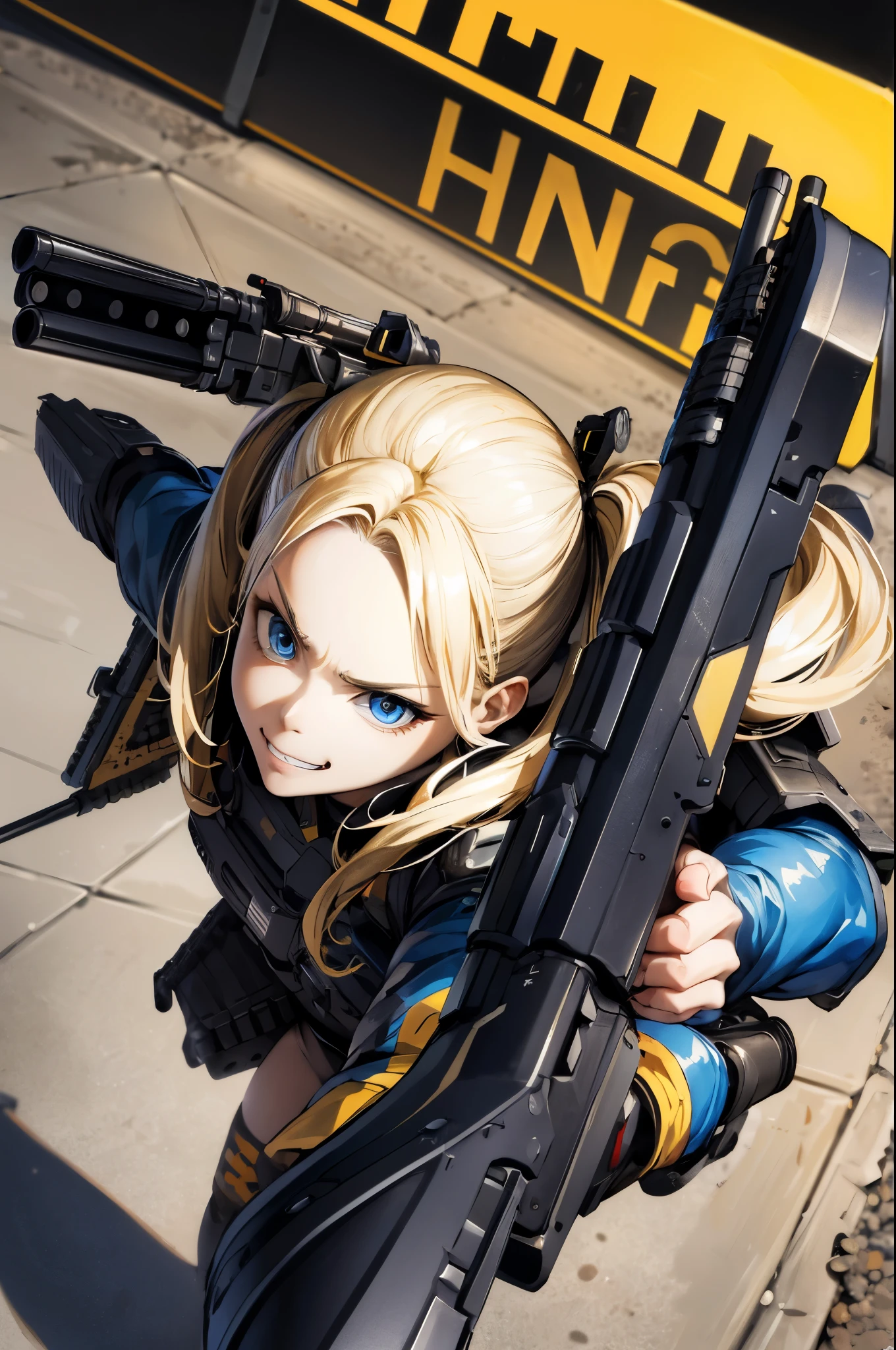 ((Highest quality)), ((masterpiece)), (detailed),(whole body)、Very cute face、Perfect Face,blonde,blue eyes,Fair skin,Armament,Gunfight,army,From above,Wicked Smile、Black Hair、Twin tails、Hold a sniper rifle、Angry expression