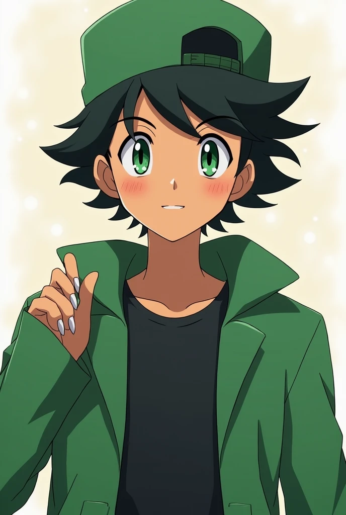 With features identical to the Pokémon anime. Create a male character, Your expression is calm, greeneyes, brown skin, Bblack hair, a black shirt, a green coat, a green cap, nail and white.