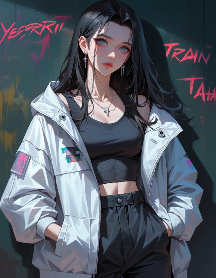 a close up of a person with long hair wearing a jacket and pants, urban girl fanart, ross tran style, in the style of ross tran, cyberpunk anime girl in hoodie, black haired girl wearing hoodie, artwork in the style of guweiz, style artgerm, jet black haired cyberpunk girl, anime style 4 k, hd artwork