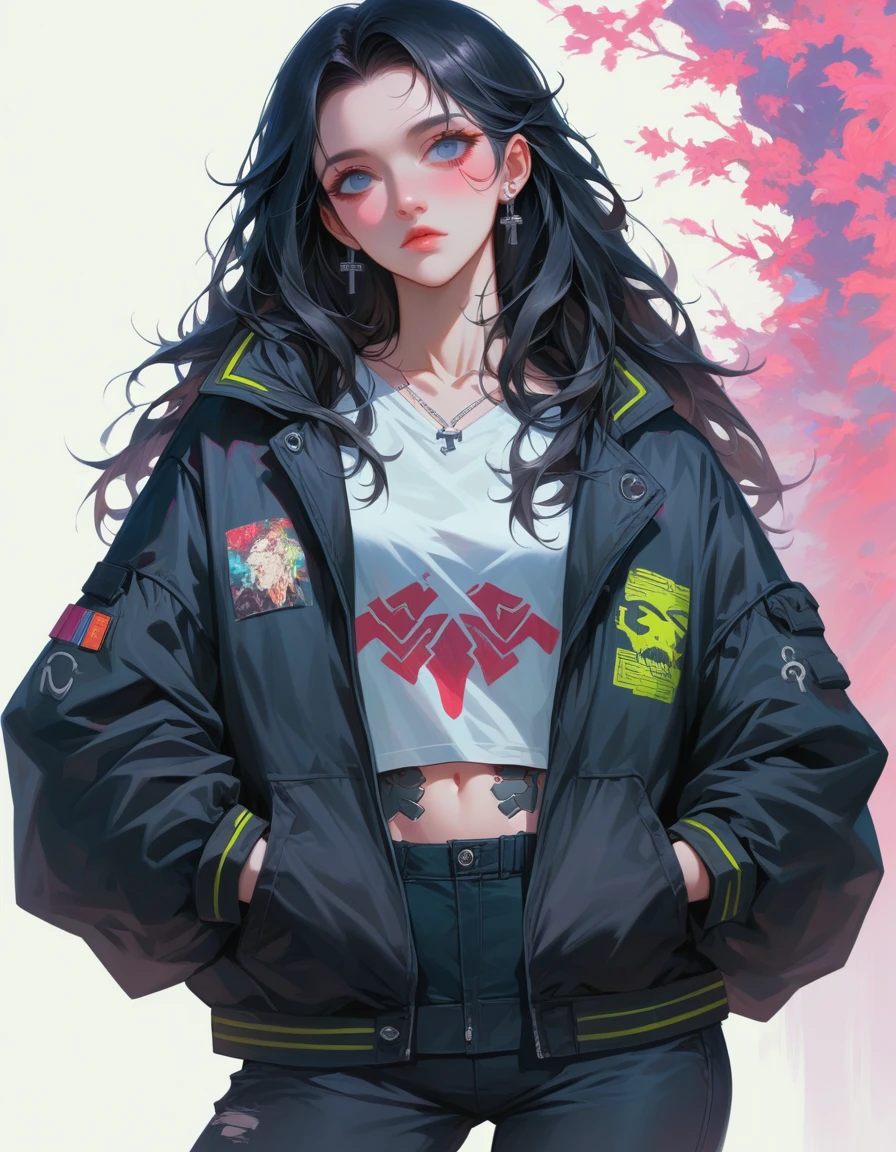 a close up of a person with long hair wearing a jacket and pants, urban girl fanart, ross tran style, in the style of ross tran, cyberpunk anime girl in hoodie, black haired girl wearing hoodie, artwork in the style of guweiz, style artgerm, jet black haired cyberpunk girl, anime style 4 k, hd artwork