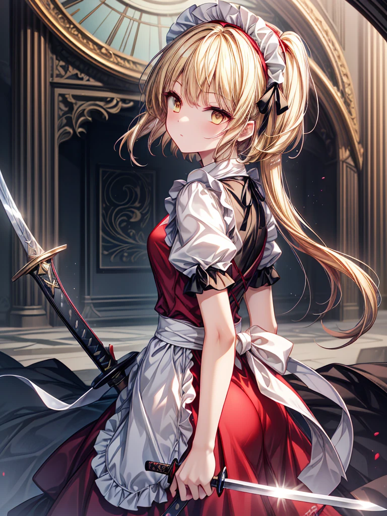 1girl,{{{{yumeko (Touhou)}}}}, yellow eyes, blonde hair, long hair, red dress, maid, maid apron, maid headdress, black ribbon, puffy short sleeves, back bow, sword, holding sword, dual wielding((Waist-length hair)),((Dream World)),((masterpiece))