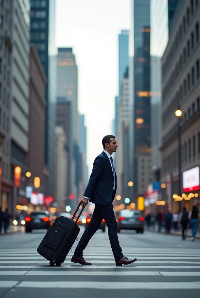  Person who is walking on heavy traffic City road and a smart travel bag which follows behind him  without his assistance precisely
His hand or body should not touch the travel bag
