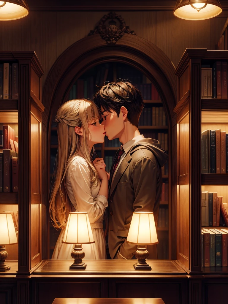 In a cozy, dimly lit library with shelves of books, a couple shares a loving kiss. The warm glow from the reading lamps and the night view visible through the windows add to the intimate and serene atmosphere. 4K resolution.