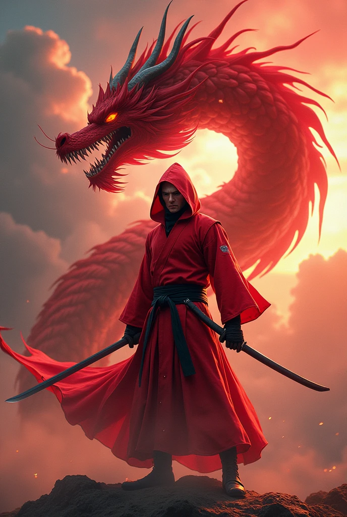 red ninja holding katana and with a red dragon