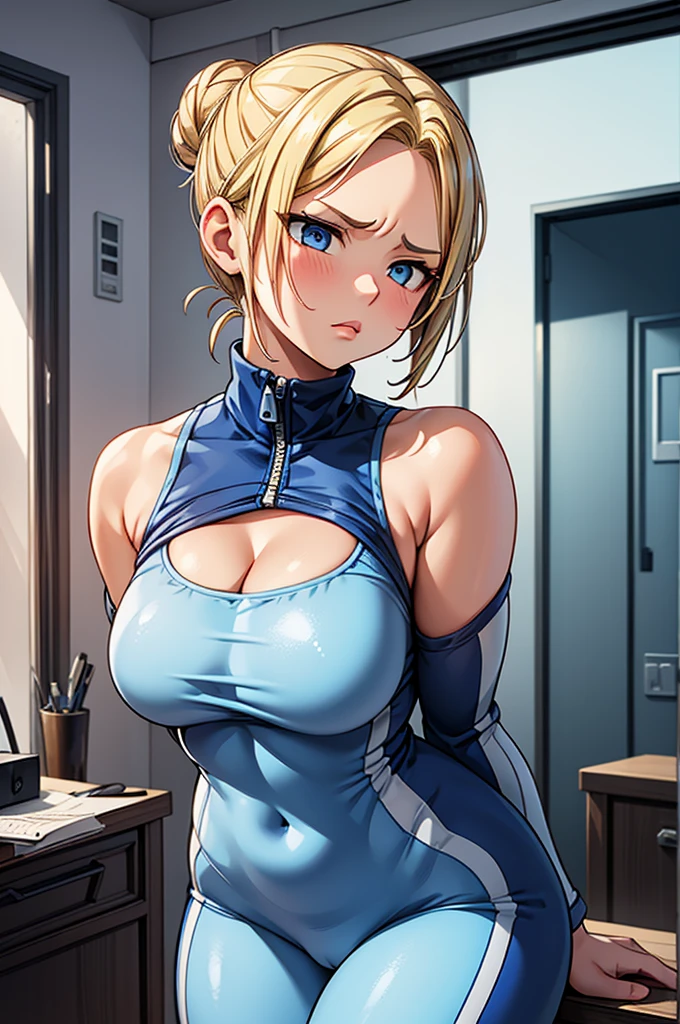 1 female, small teen, realistic lips, tight blue tracksuit, exposed cleavage, arms crossed propping up breast, hourglass figure, blonde hair, messy bun hair, annoyed, in a dirty apartment, best quality.
