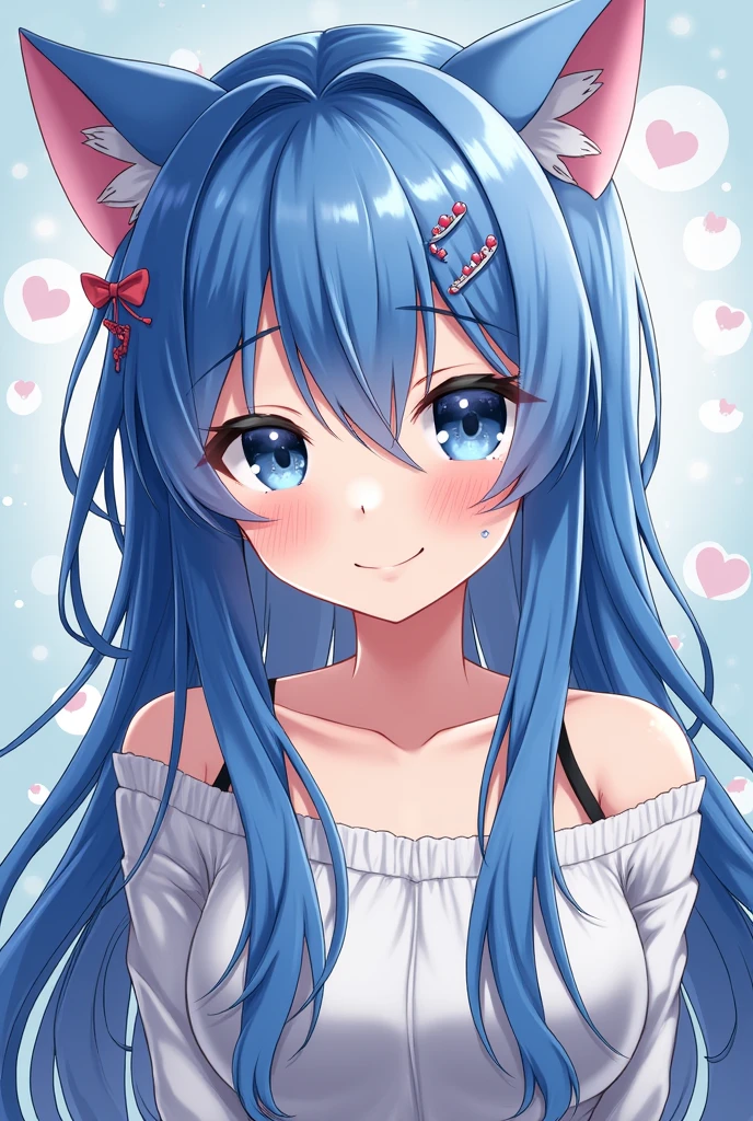 One girl, blue eyes, Long Hair, Blue Hair, bangs, Cat ear, hair ornaments, blush, Staring at the audience, Hair between the eyes,beautiful girl, Heart symbol on background,Slave Girl,smile,16 years old,Obedient Slave,The girl is hypnotized,He listens to everything I say