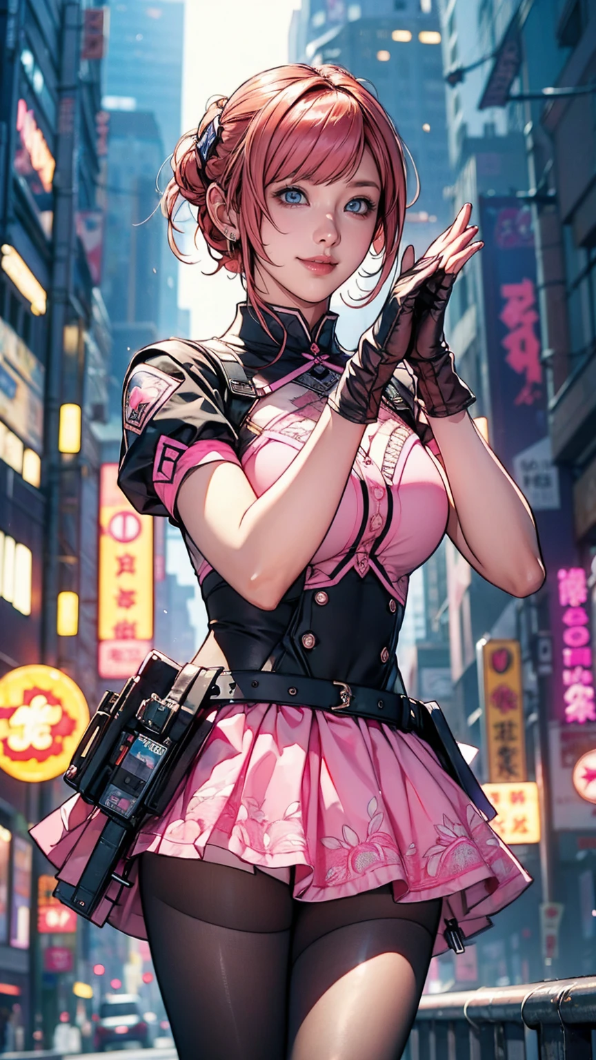 One girl,Cowboy Shot, Beautiful Nora_Valkyrie, View your viewers, smile, short hair, blue eyes,Heart Cutout, gloves, Jacket, Pink Skirt, Pink Belt, Short sleeve, Puff sleeves, Wrist Seal, fingerless gloves, Orange Hair, pink gloves, Dynamic pose, night, Outdoor, city, (Volumetric lighting), Highest quality, masterpiece, Intricate details, Tone Mapping, Sharp focus, Super detailed, Trending on Art Station,