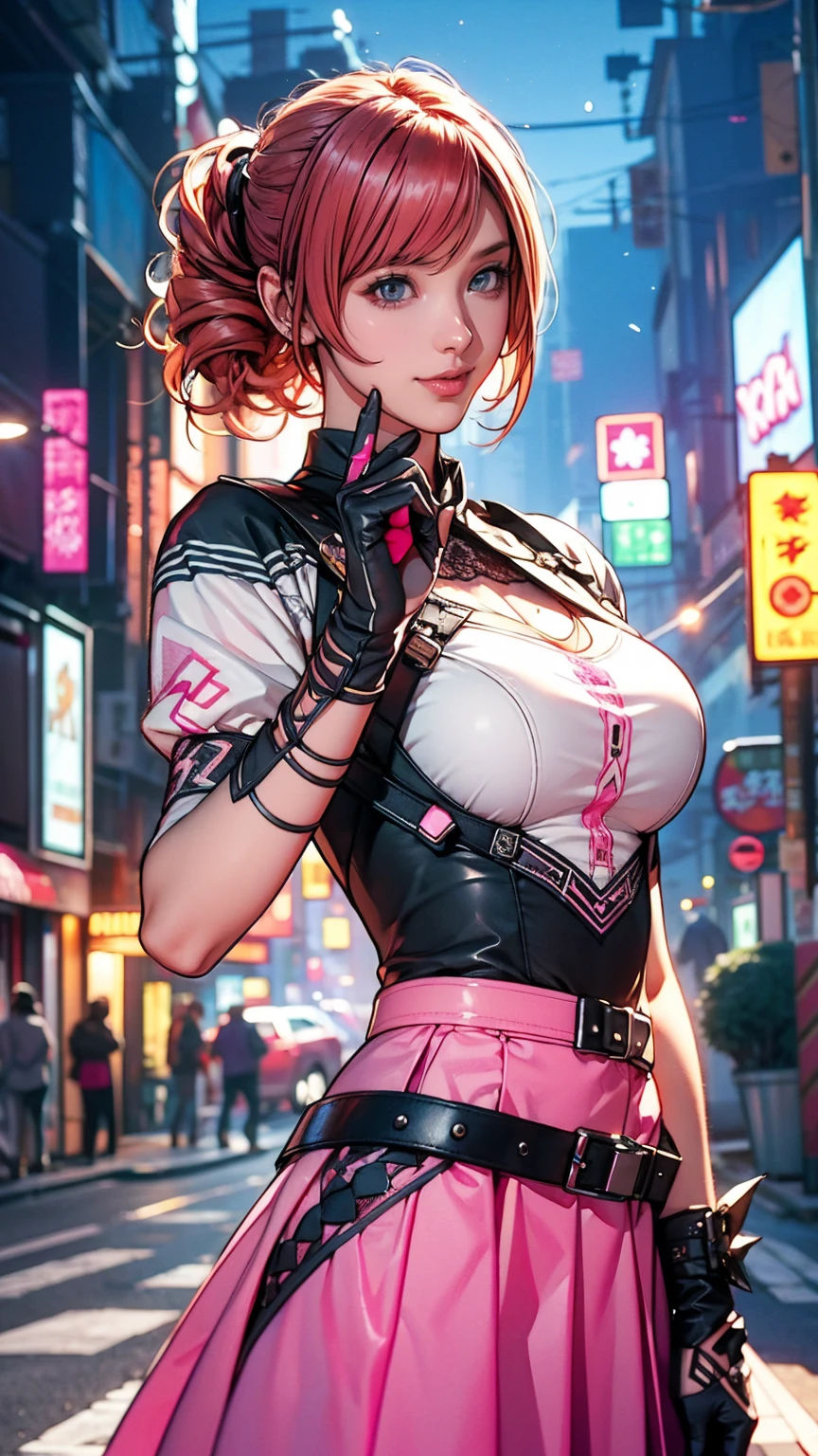 One girl,Cowboy Shot, Beautiful Nora_Valkyrie, View your viewers, smile, short hair, blue eyes,Heart Cutout, gloves, Jacket, Pink Skirt, Pink Belt, Short sleeve, Puff sleeves, Wrist Seal, fingerless gloves, Orange Hair, pink gloves, Dynamic pose, night, Outdoor, city, (Volumetric lighting), Highest quality, masterpiece, Intricate details, Tone Mapping, Sharp focus, Super detailed, Trending on Art Station,