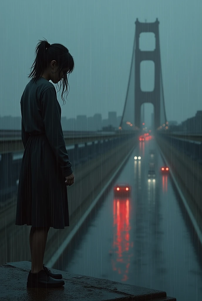 I guess it was a rainy day, I was crying, I was shaking, I was hesitating, i was standing on the Bridge ledge trying to jump off the bridge that's when I meet him. He was crossing the bridge. 
Add red and white colour

Girl is the one who is jumping