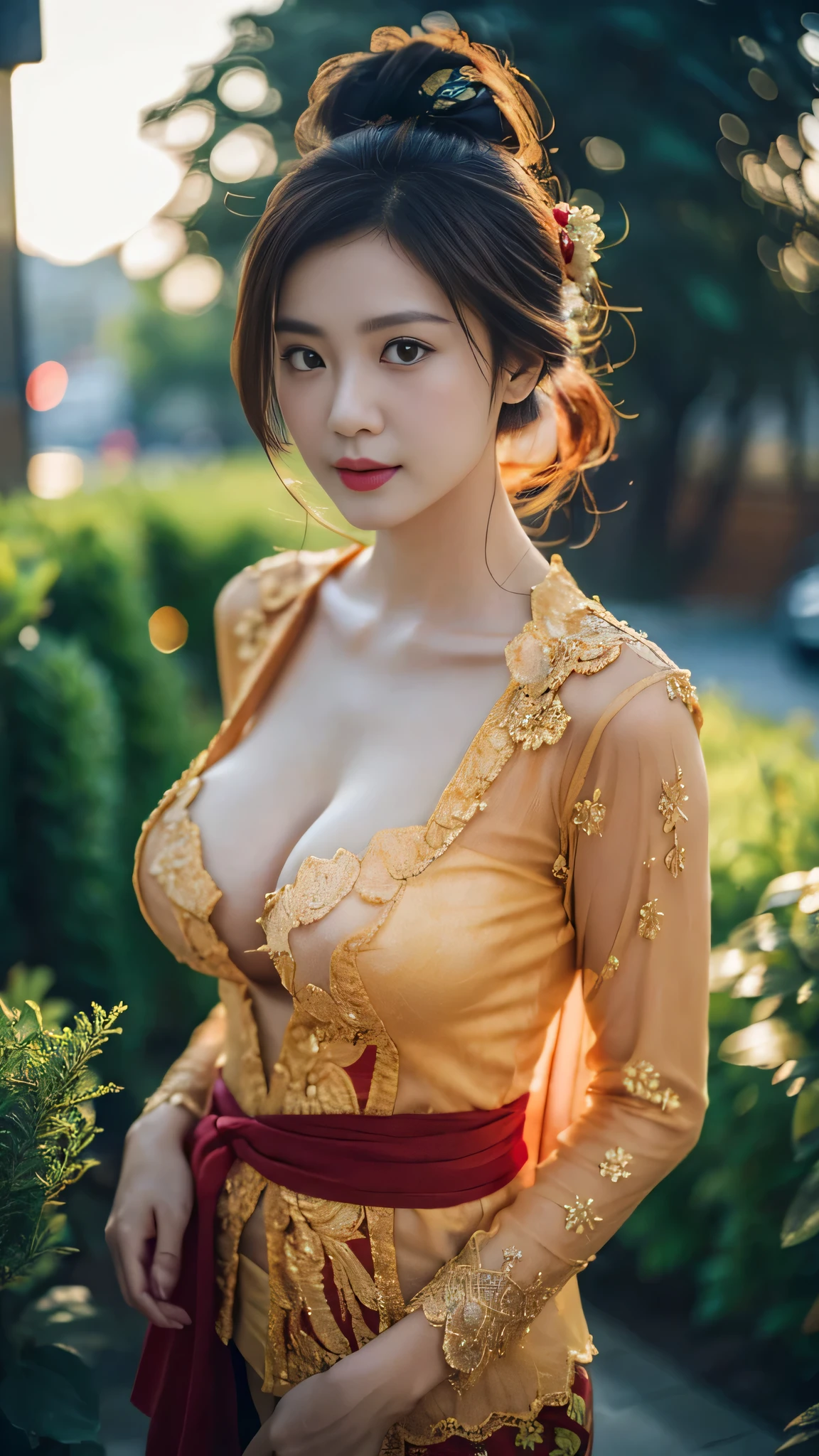 8k, best quality, Medium close-up, (red kebaya )、(luxury kebaya ),(top-quality,masterpiece:1.3,超A high resolution,),(ultra-detailliert,Caustics),(Photorealsitic:1.4,RAW shooting,)Ultra-realistic capture,A highly detailed,high-definition16Kfor human skin, Cute and lovely Korean girl, realistic, ultra detail, photo realistic, Increase quality,
standing in a garden with a scarf, garden, (large breast), (cleavage ), (big breast:1.3), close-up shot, mouth,dark-haired, Messy Updo hair, (depth of fields、chromatic abberation、Wide range of lighting、Natural Shading、)、(Exterior light at night:1.4)、(Hair swaying in the wind:1.2