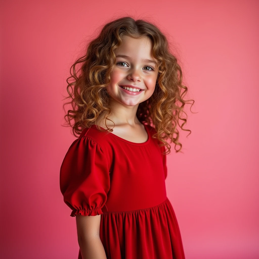 "Full length portrait of attractive 7  girl with curly hay colored hair, Hairstyles in the late 80s, small freckles, Beautiful face,  beautiful smile. Seductive dark blue eyes, and moderate breast size, in a scarlet dress on a pink background Show your natural beauty."