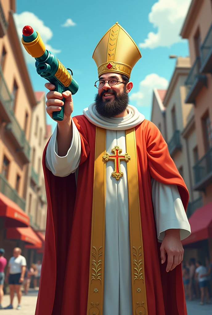 a man priest holding holy funny water toy gun, in a wacky face