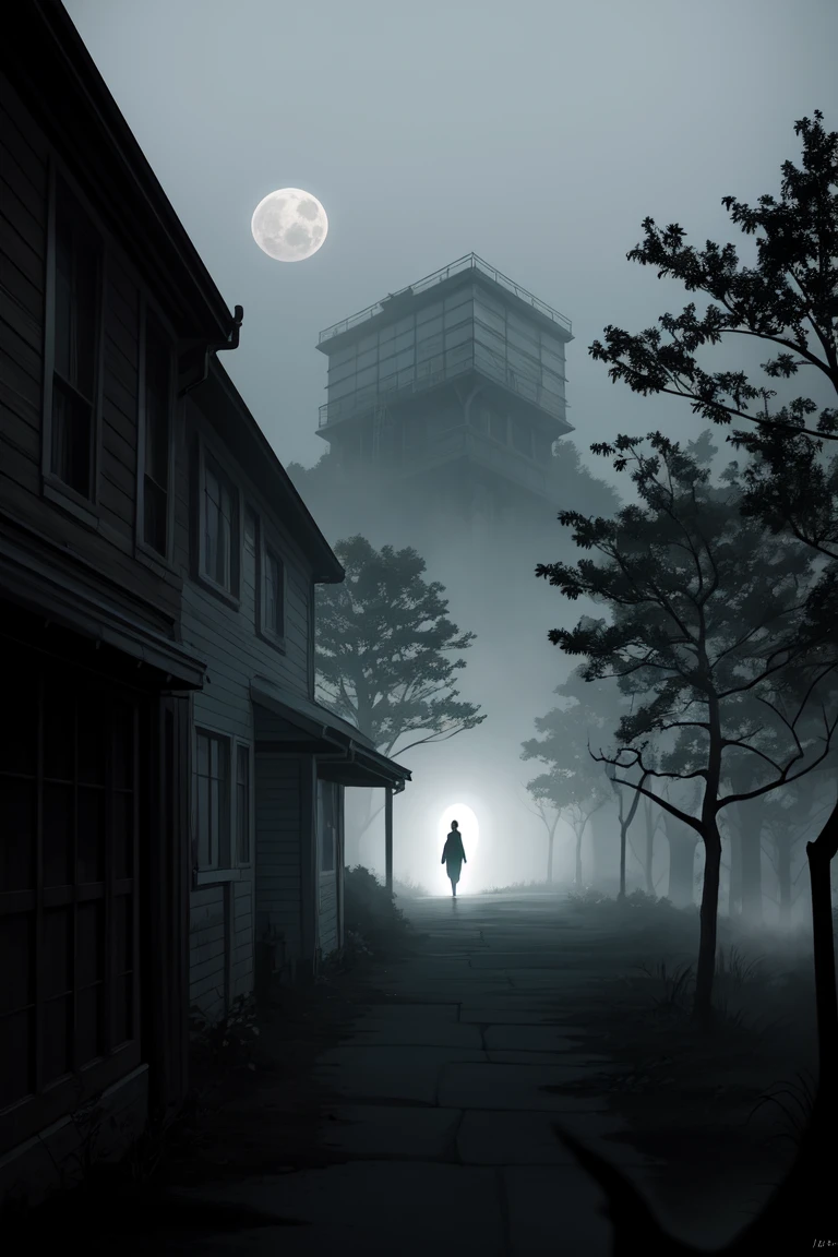 "A chilling, area in a dark, foggy forest. The sky is overcast, with a full moon barely visible through thick clouds, casting an eerie light on the scene. Ghostly figures can be seen faintly in the windows, and shadows lurk around the corners of the house. The surrounding trees are twisted and gnarled, with bare branches reaching out like claws. The atmosphere is thick with a sense of dread, with a mist rolling across the ground and a few ravens perched ominously on the roof. The color palette is dark and muted, with deep blues, blacks, and grays dominating the scene, adding to the spooky, unsettling vibe."