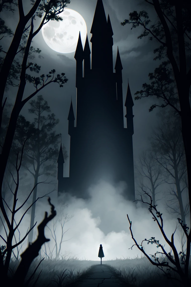 "A chilling, area in a dark, foggy forest. The sky is overcast, with a full moon barely visible through thick clouds, casting an eerie light on the scene. Ghostly figures can be seen faintly in the windows, and shadows lurk around the corners of the house. The surrounding trees are twisted and gnarled, with bare branches reaching out like claws. The atmosphere is thick with a sense of dread, with a mist rolling across the ground and a few ravens perched ominously on the roof. The color palette is dark and muted, with deep blues, blacks, and grays dominating the scene, adding to the spooky, unsettling vibe."