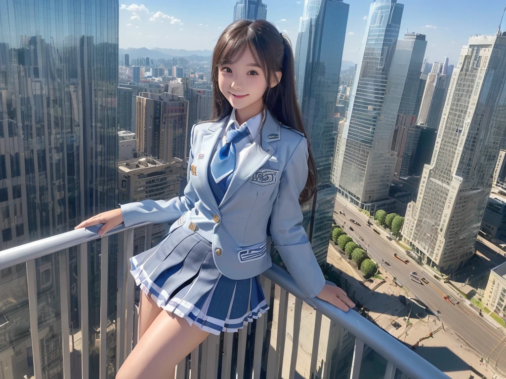 8k, (((Super Giant Girl Art))), Realistic, Ultra HD, ((one girl clones)), one girl is cloning, ((6+girls:1.5)), Big Breasts, Very detailed depiction, (Light blue blazer, Grey tie, Blue mini skirt, White Pantyhose), (Extremely detailed depiction, The gigantic high school girl is 100 times taller than a skyscraper., Miniature metropolis, crash micro city, ((1000m class high school girl:1.8)), 6+girls, Full body description), Translucent skin texture, Beautiful Skin, Semi-long hair, Beautiful 16 year old girl, Cute Smile, ((high Top view))