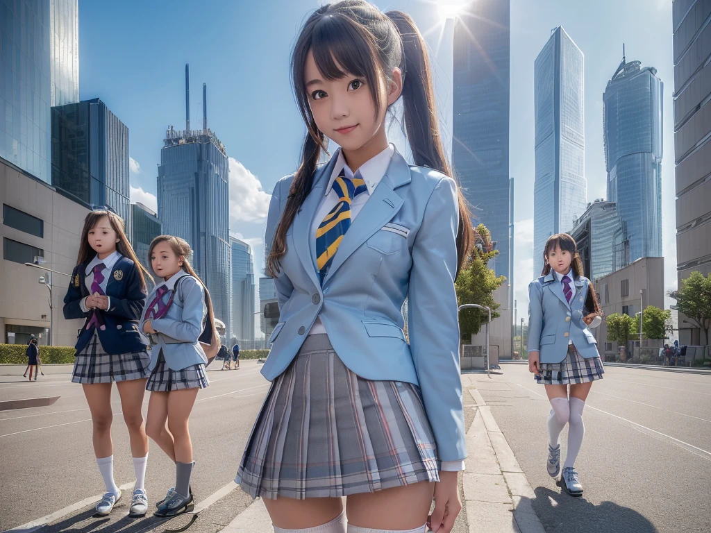 8k, (((Super Giant Girl Art))), Realistic, Ultra HD, ((one girl clones)), one girl is cloning, ((6+girls:1.5)), Big Breasts, Very detailed depiction, (Light blue blazer, Grey tie, Blue mini skirt, White Pantyhose), (Extremely detailed depiction, The gigantic high school girl is 100 times taller than a skyscraper., Miniature metropolis, crash micro city, ((1000m class high school girl:1.8)), 6+girls, Full body description), Translucent skin texture, Beautiful Skin, Semi-long hair, Beautiful  girl, Cute Smile, ((high Top view))