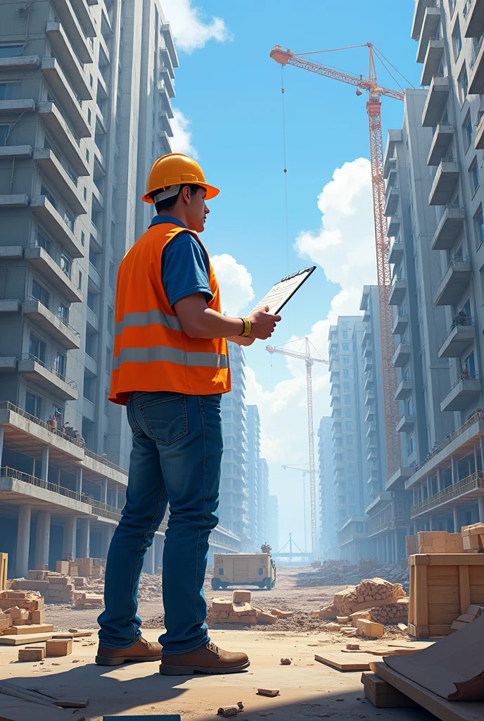 Draw an illustration of a worker monitoring a commercial housing project high quality