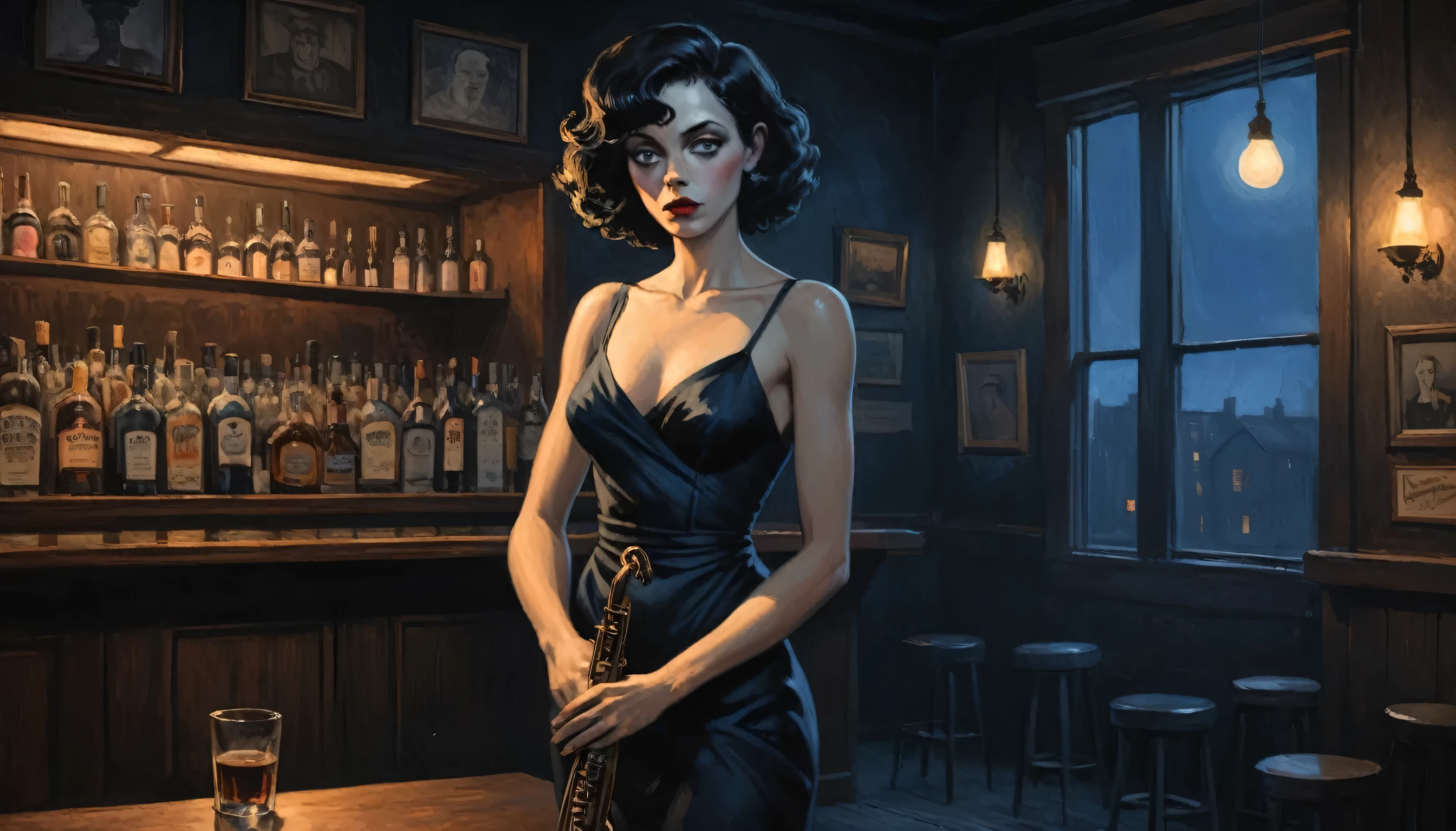 robert johnson, gritty, alabama bar, blue note, charismatic , black dress, illustration, noir fantasy, lone irish lady, sad ending, saxophonist