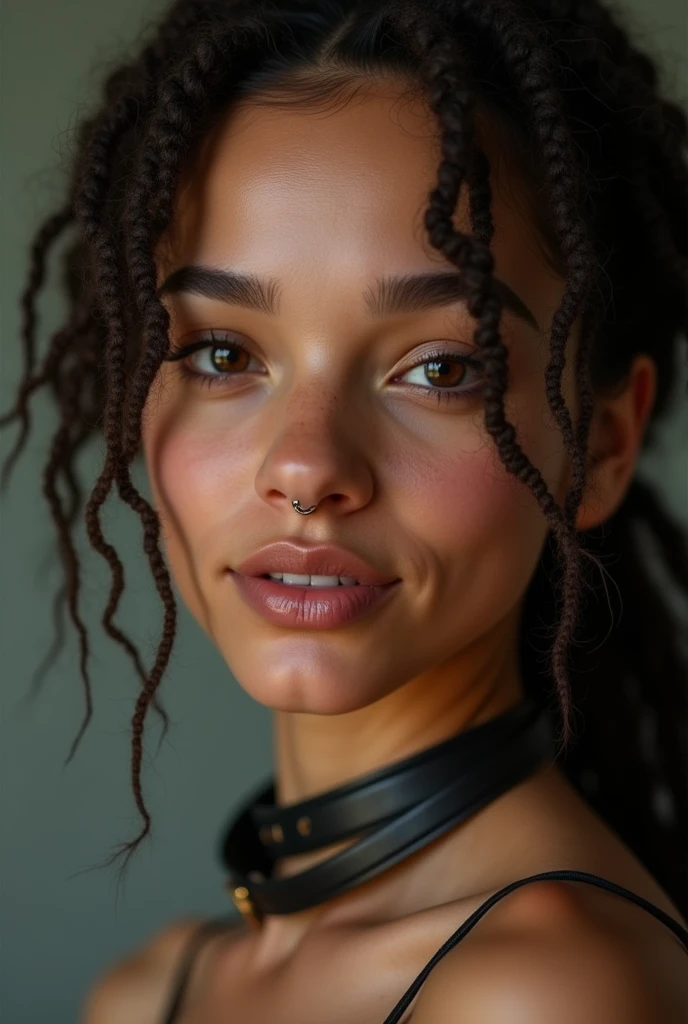 english woman, young, dreadlocks, septum piercing, dimples, thick belt around neck, naughty expression, naked, close-up, UHD, retina, masterpiece, accurate, anatomically correct, textured skin, super detail, high details, high quality, award winning, best quality, highres