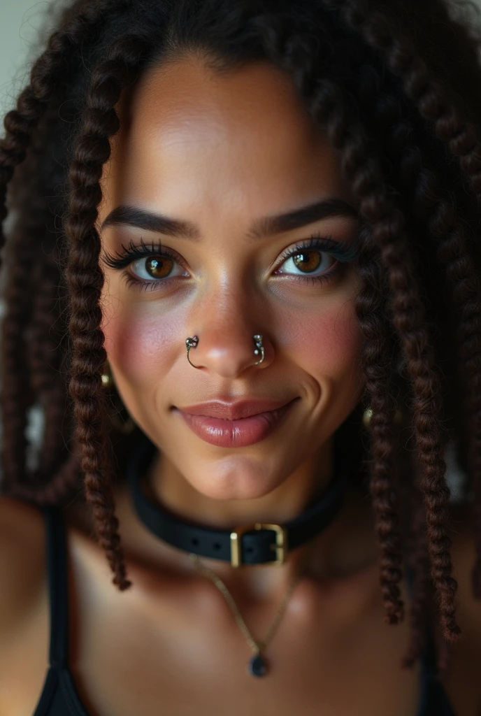 english woman, young, dreadlocks, septum piercing, dimples, thick belt around neck, naughty expression, naked, close-up, UHD, retina, masterpiece, accurate, anatomically correct, textured skin, super detail, high details, high quality, award winning, best quality, highres
