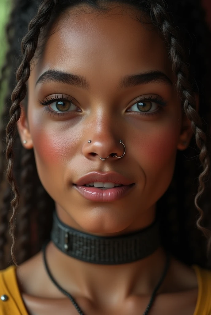 english woman, young, dreadlocks, septum piercing, dimples, thick belt around neck, naughty expression, naked, close-up, UHD, retina, masterpiece, accurate, anatomically correct, textured skin, super detail, high details, high quality, award winning, best quality, highres
