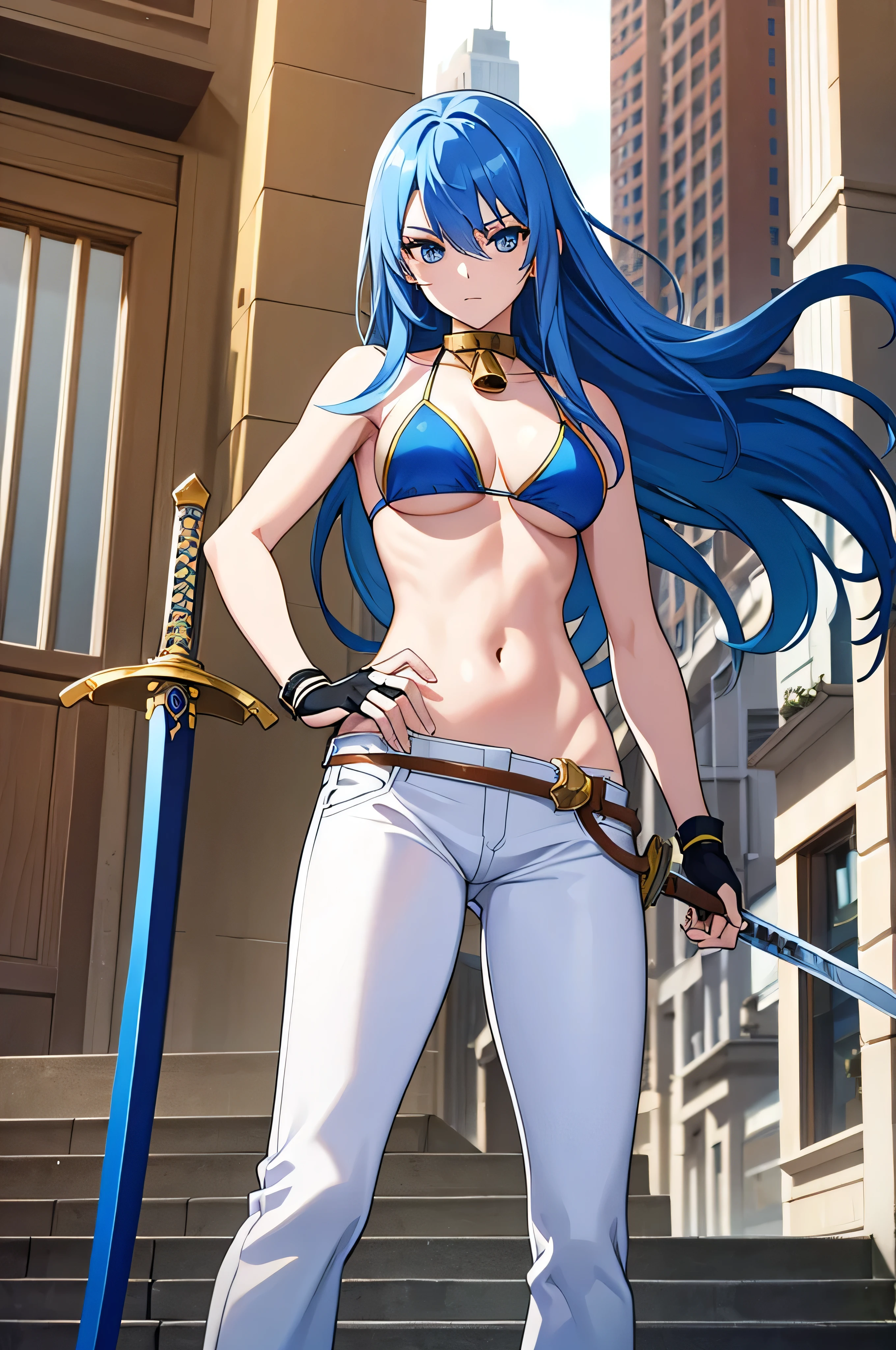 long blue hair, bikini, white flared pants, fingerless gloves, bell-bottoms, blue eyes, sword, city