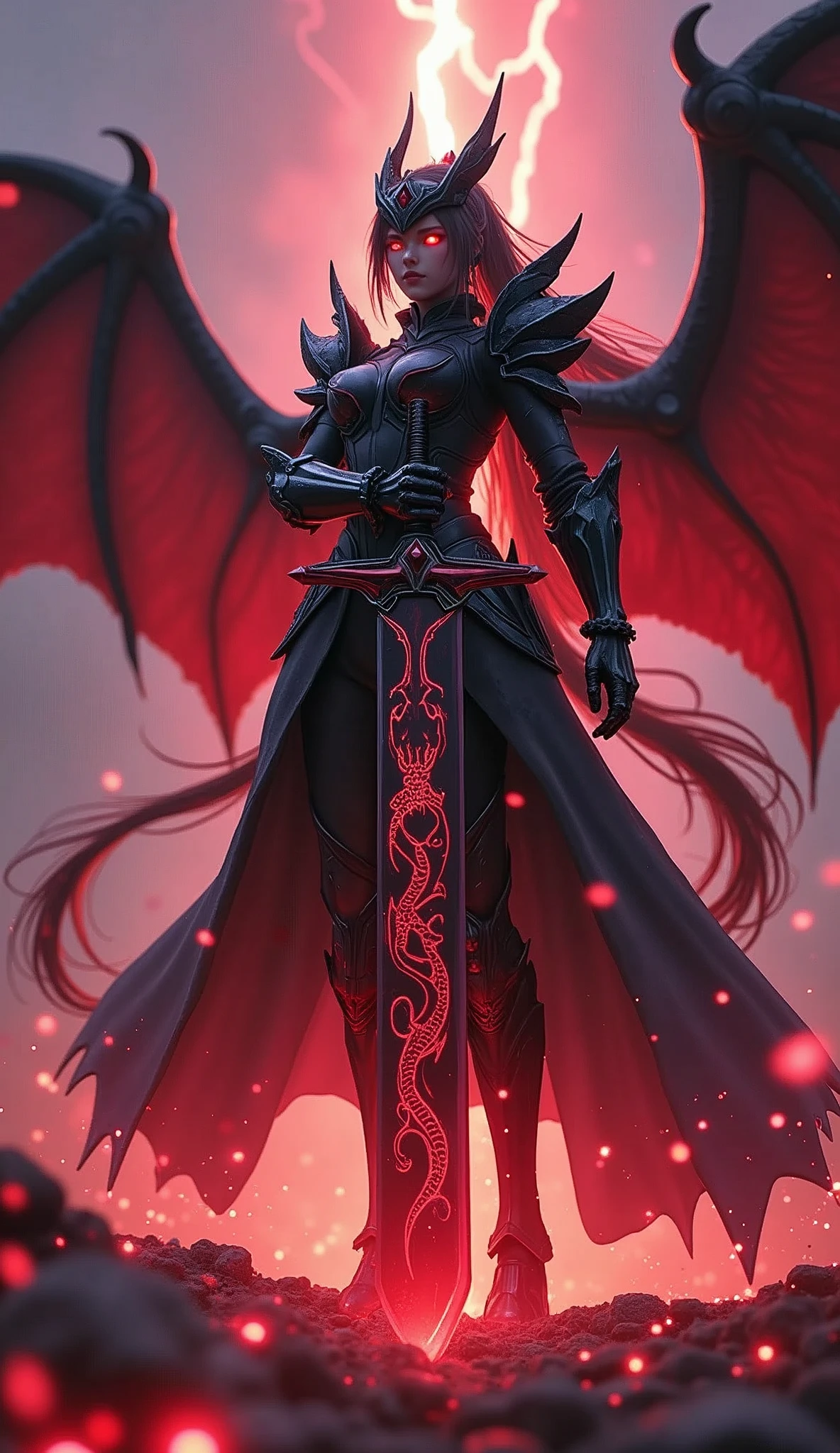 Anime Girl，Dark mecha armor，Mecha dragon helmet，Mecha Dragon Tail，A two-handed giant sword with a dragon carving is stuck in the ground in front of you，He holds a huge two-handed sword with a dragon carved on it.，whole body，Panoramic lens，The folded devil wings wrap around his body，The body is surrounded by red lightning and flames，Glowing eyes，Unbelievably long hair，High Ponytail，(Two-handed greatsword blade focus：1.5)，From below，Extreme focus angle，from the side，Looking at the audience，Motion Blur，Background blur，