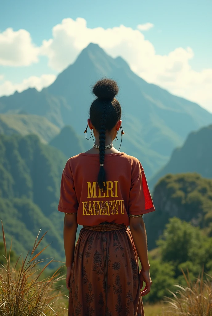 A natural girl from Papua New Guinea standing on top of the mountain wearing a printed shirt title Meri Kainantu on her back with earphones