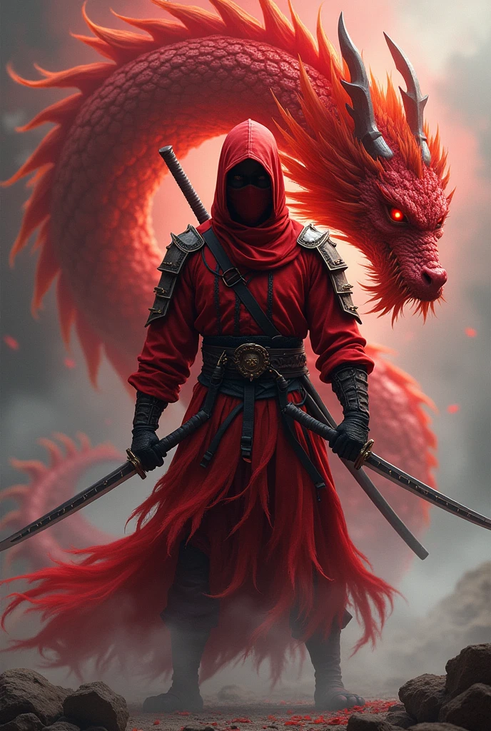 red ninja holding katana and with a red dragon