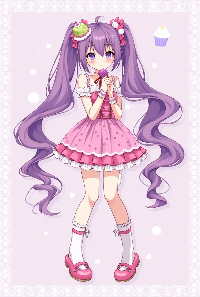 1girl in, Pastel muted colors, (The color palette is purple ), For example, donut, sprinkle, candy, lollipop, candy cane, a cake, cupcake, Cake Pop, Ruffles and lace, polka dot, Twin-tailed