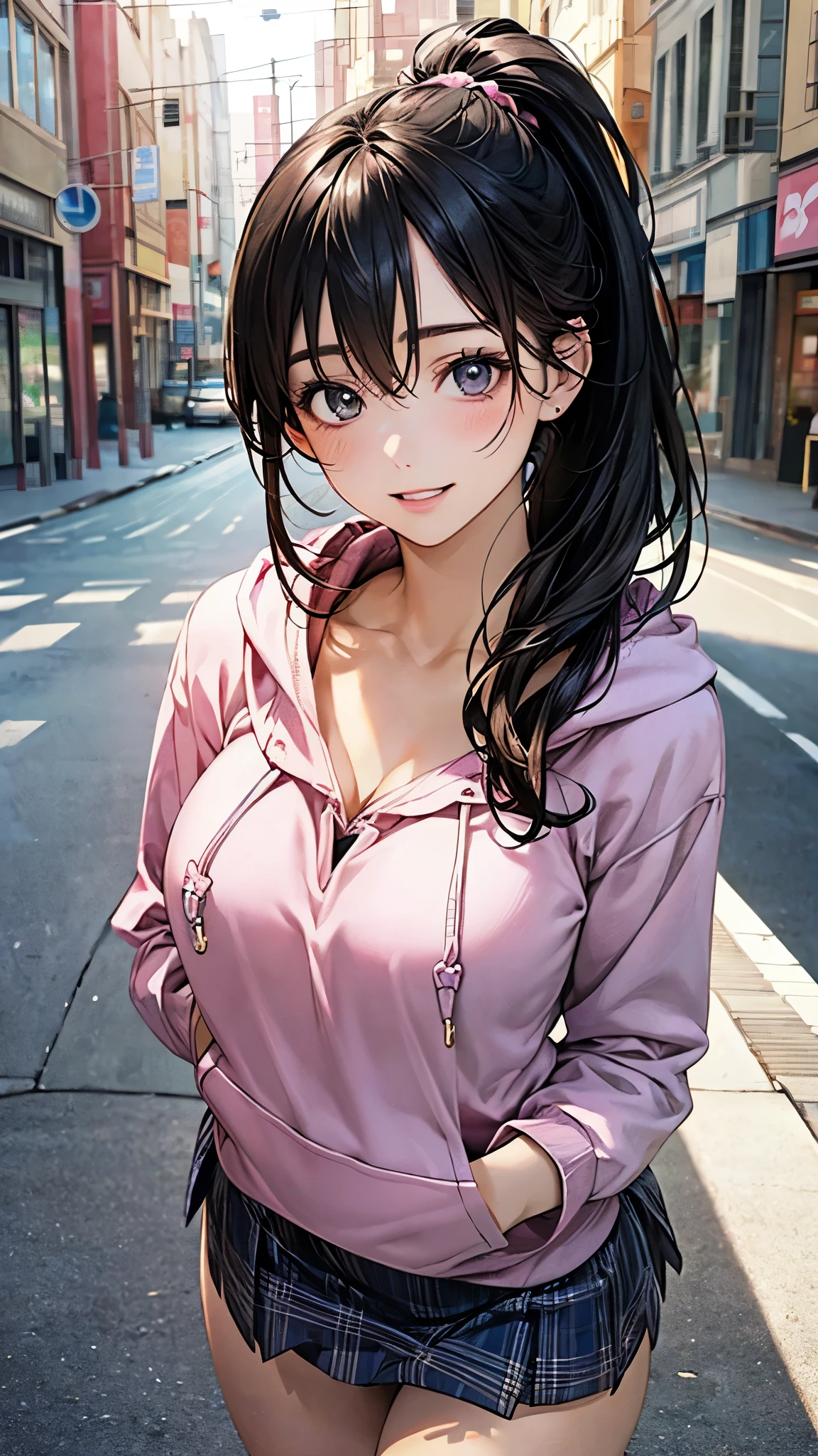 (masterpiece:1.2, highest quality), (realistic photo:1.4), beautiful illustrations, (natural side lighting, movie lighting),
looking at the viewer, 1 girl, japanese, 15 years old, perfect face, cute symmetrical face, shiny skin, baby face,
(long hair, high ponytail:1.1, black hair), hair between eyes, grey eye, (large breasts, plump thighs), , break
beautiful hair, beautiful face, detailed and beautiful eyes, beautiful clavicle, beautiful body, beautiful breasts, beautiful thighs, beautiful feet, beautiful fingers, slender,
(blue plaid mini skirt), break (pink larger hoodie:1.3), break white panties,
(beautiful scenery), evening, (street:1.2), cute pose, (lovely smile, upper eye, parted lips),